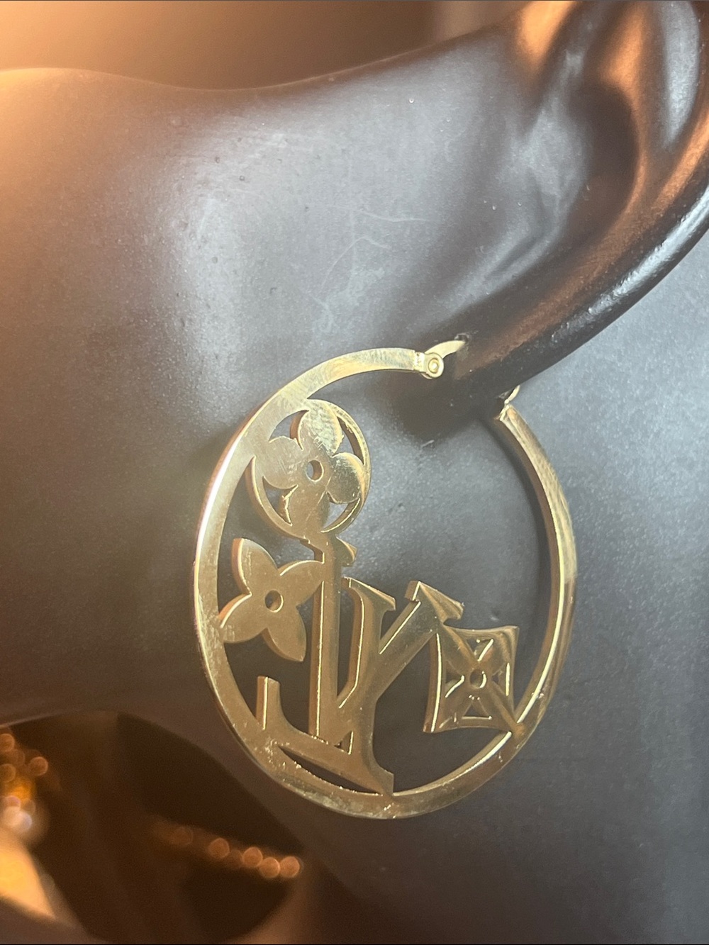 Gold Logo Hoop Earrings with Floral Monogram Accent